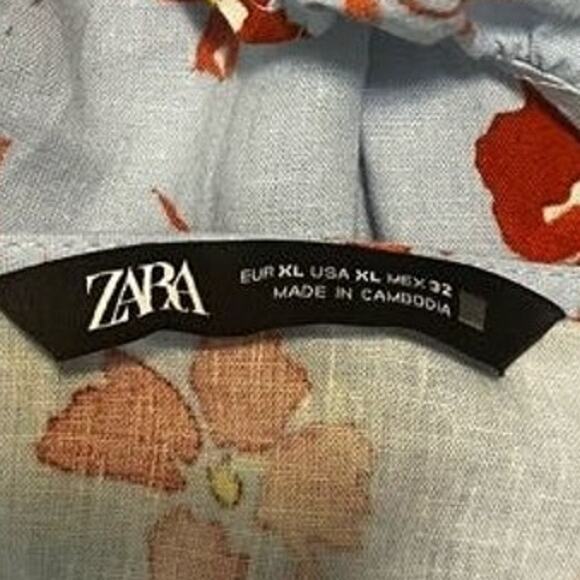 ZARA Floral Midi Dress Linen Viscose Ruffle Lace Open Back Blue Print Women's XL - Picture 7 of 11